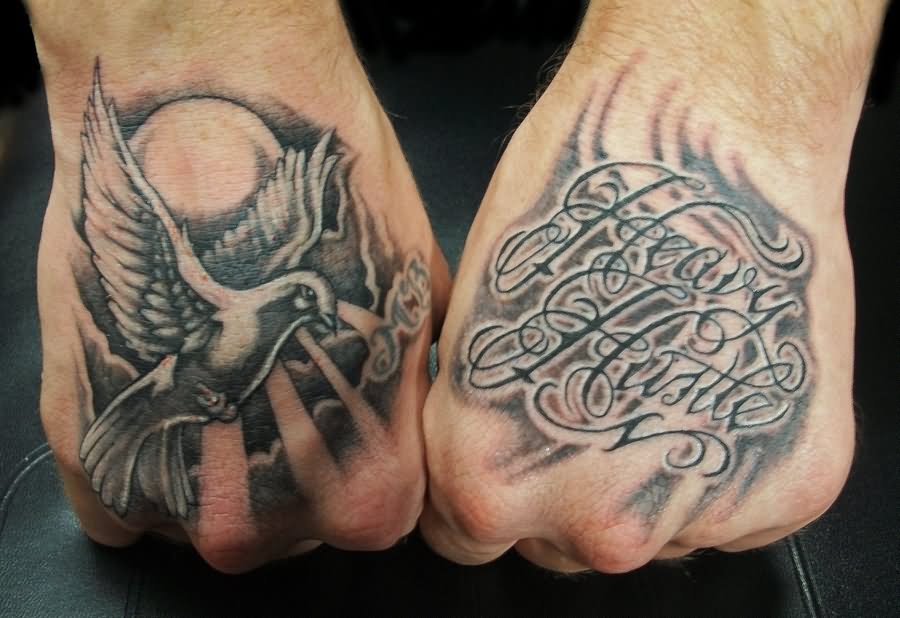 Grey shaded dove and text tattoo on upper hands by wilson