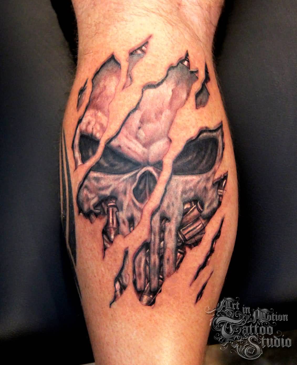 Grey shaded skin tear punisher tattoo on sleeve for men