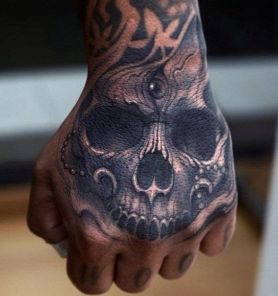 Grey shaded skull tattoo on upper right hand
