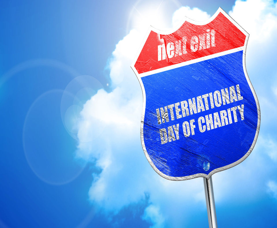 international day of charity, 3D rendering, blue street sign