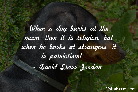 when a dog barks at the moon, then it is religion, but when he barks at strangers it is patriotism. david starr jordan