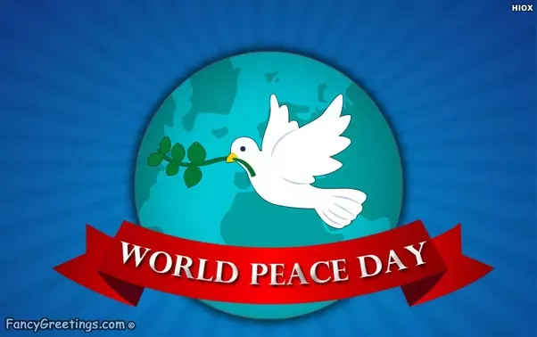 world peace day earth globe and flying dove wih banner