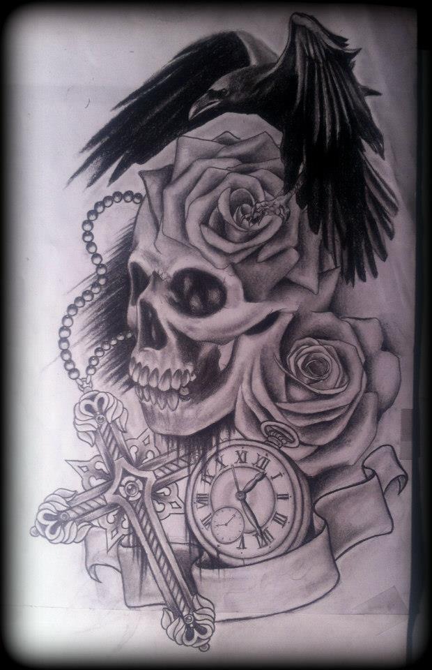 Black and grey shaded skull and roses with crow, clock and Celtic cross tattoo design