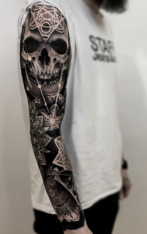 Black and grey shaded skull tattoo on full right sleeve for men