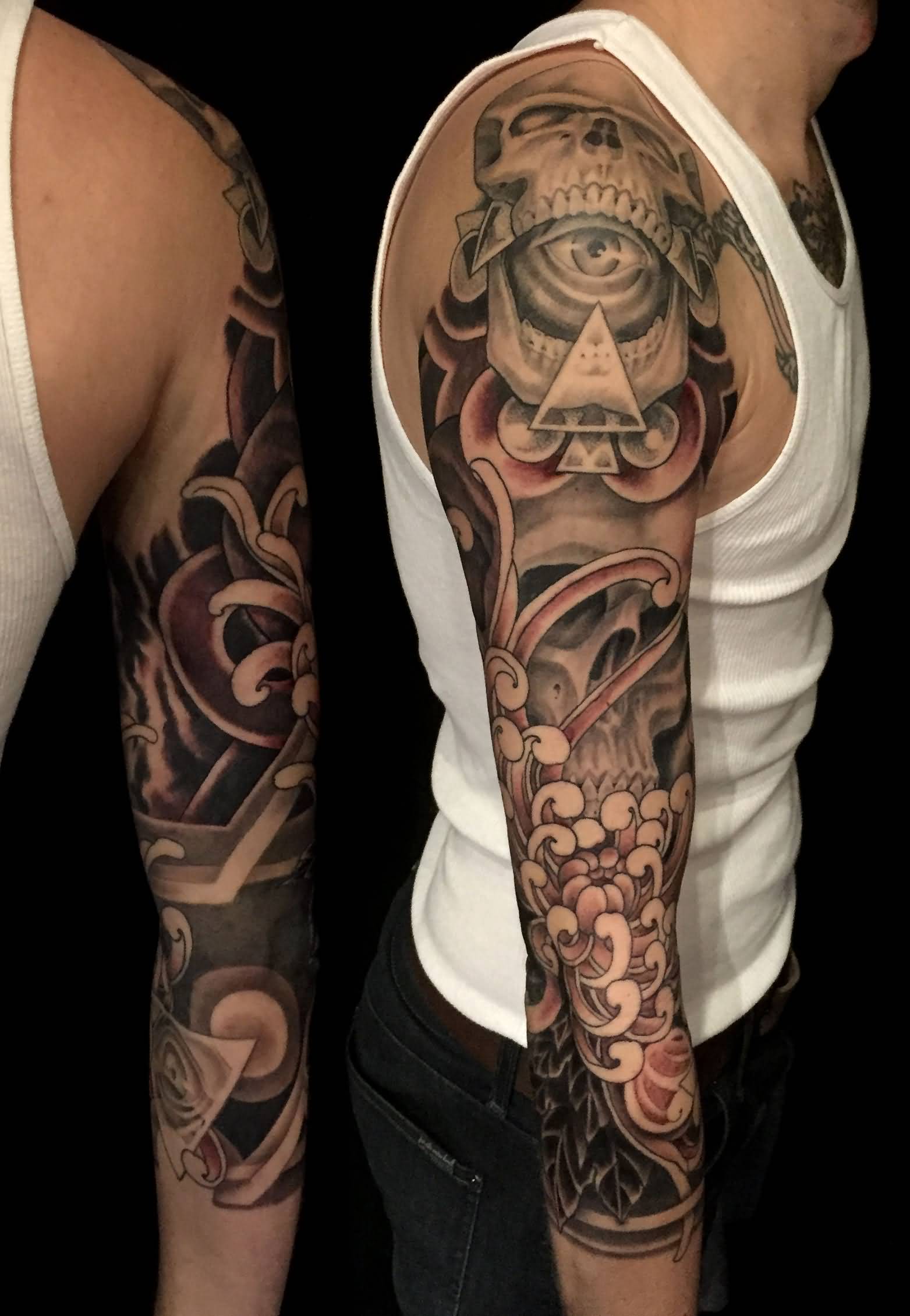 Black and grey skull tattoo on sleeve for men