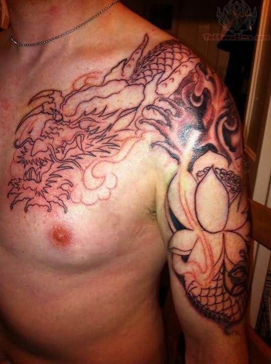 Black and red dragon snake tattoo on left chest and arm