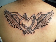 Black barbed wire angel wings broken heart tattoo on upper back