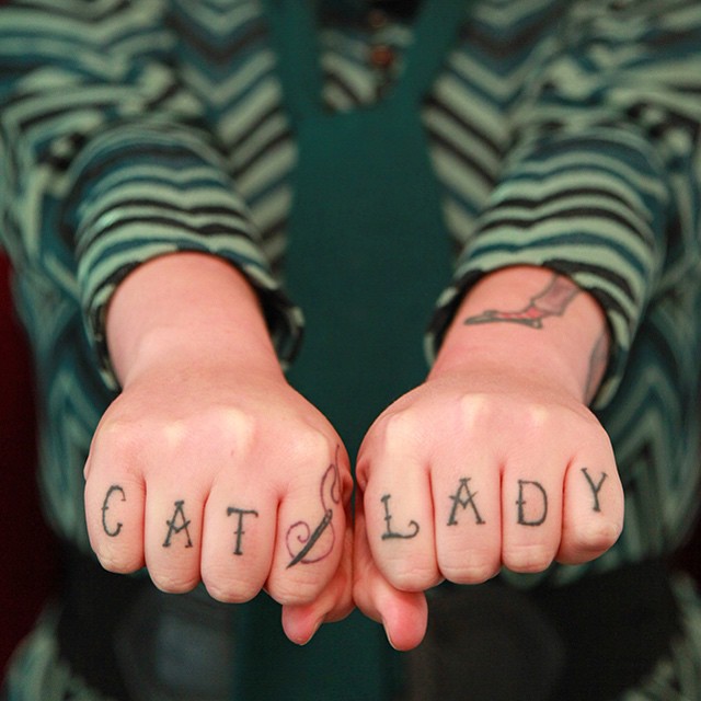 Black cat lady wording knuckle tattoo for women
