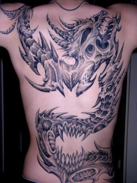 Black dragon and snake swirling tattoo on full back
