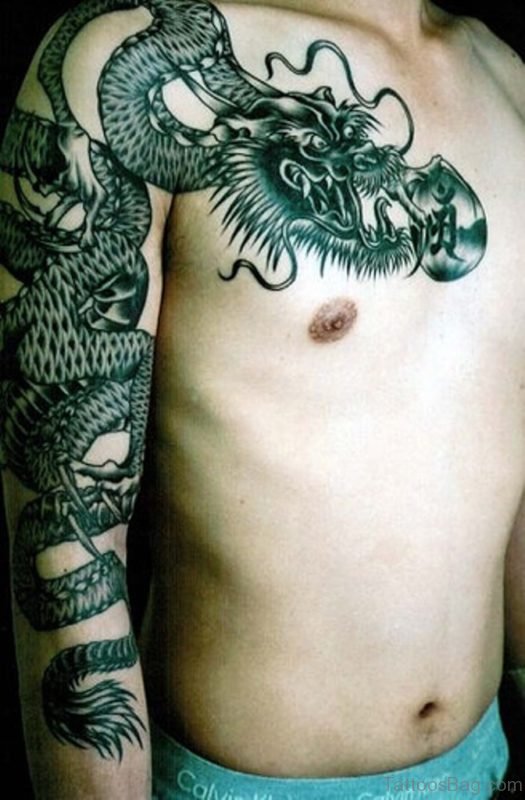 Black dragon snake tattoo design on right arm and shoulder