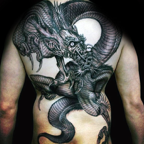 Black realistic dragon snake tattoo on full back