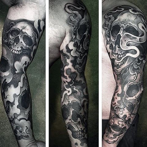 Black shaded skull tattoo on full sleeve