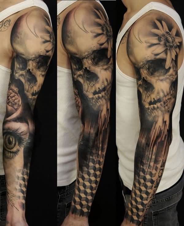 Black shaded skull with flower tattoo on full sleeves