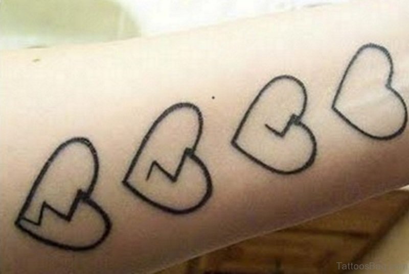 Black simple outlined broken heart stages tattoo on forearm
