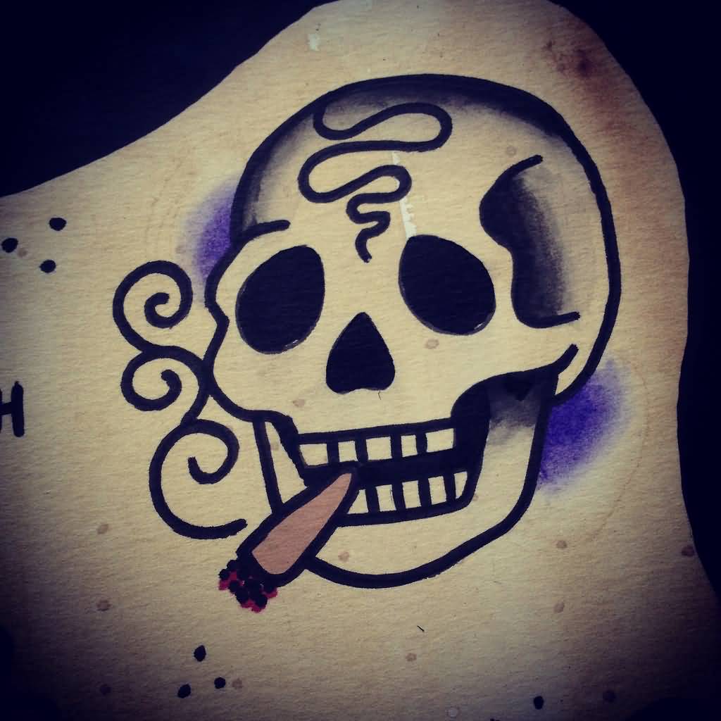 Black traditional skull with cigarette tattoo on body