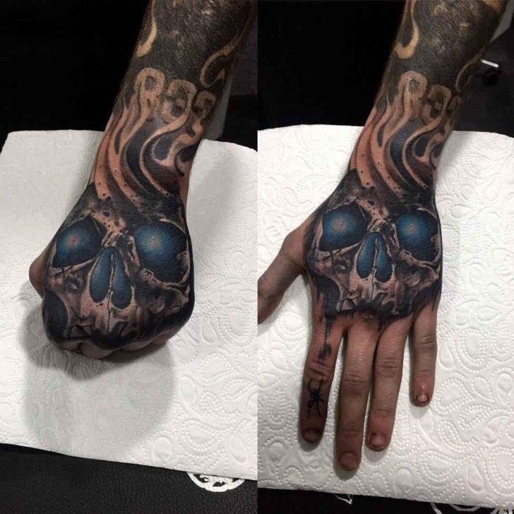 Blue eye skull tattoo on hand by Luka Majdak