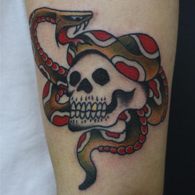 Colored American traditional tattoo on body