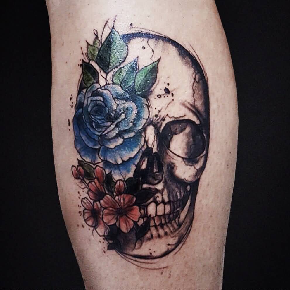 Colored flower skull tattoo on arm by Babiramos Dbumgyf