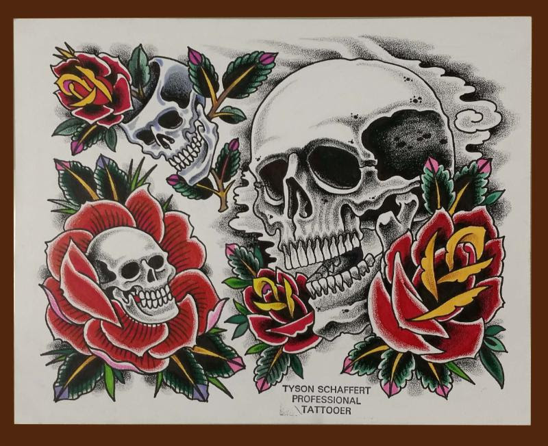 Colored skull and rose tattoo design