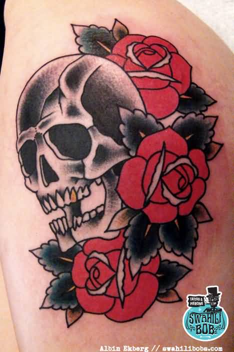 Colored traditional skull and roses tattoo on body