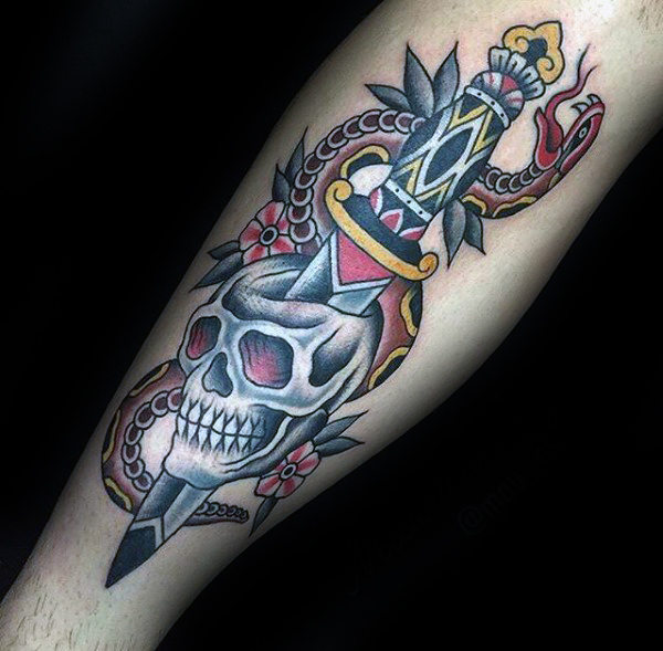 Colored traditional skull tattoo on sleeve