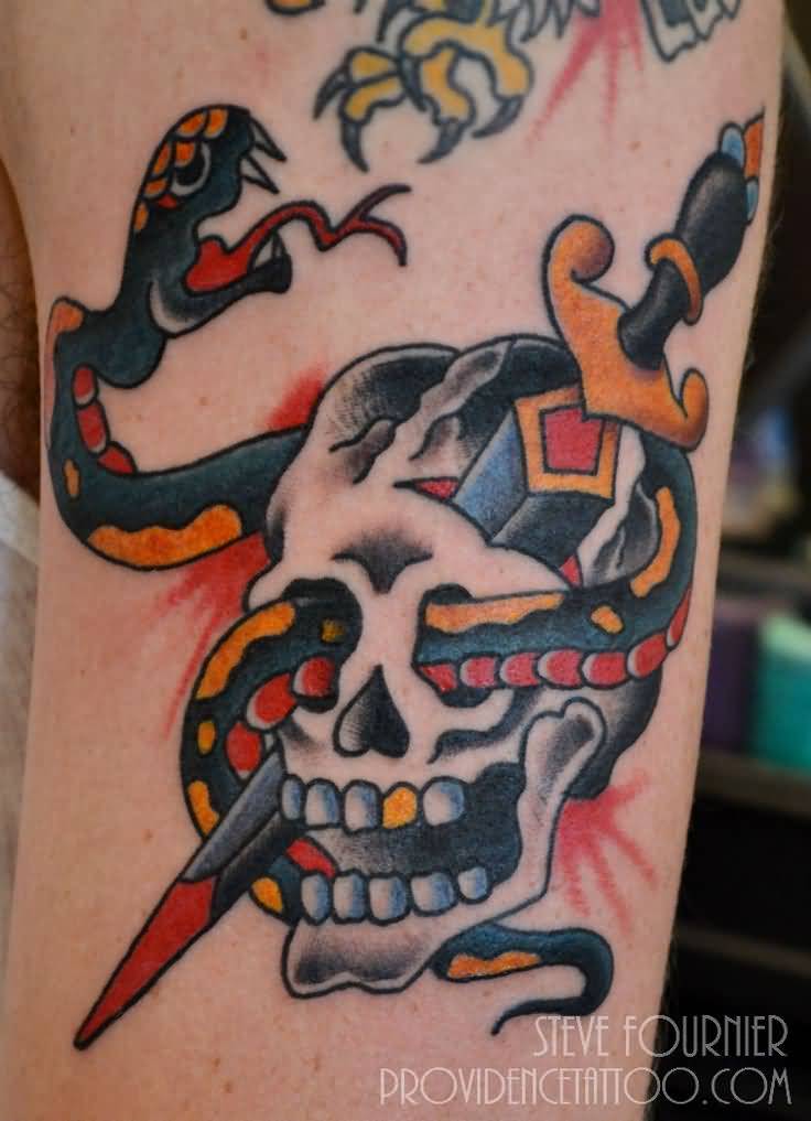 Colored traditional skull with snake and knife tattoo on body