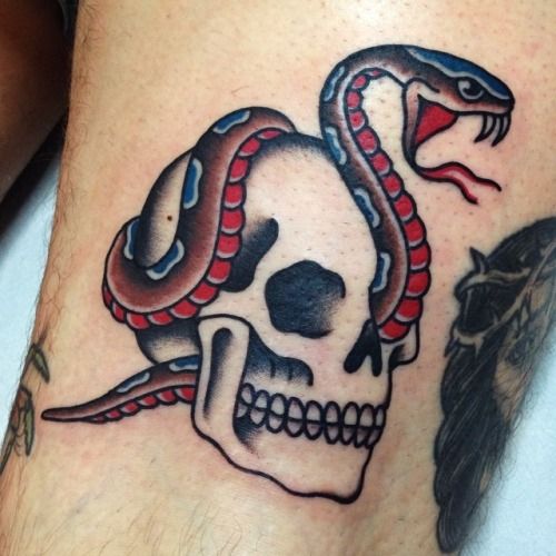 Colored traditional skull with snake tattoo on body