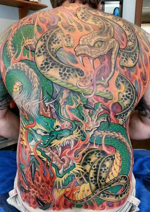 Colorful 3d Asian dragon and snake tattoo on full back