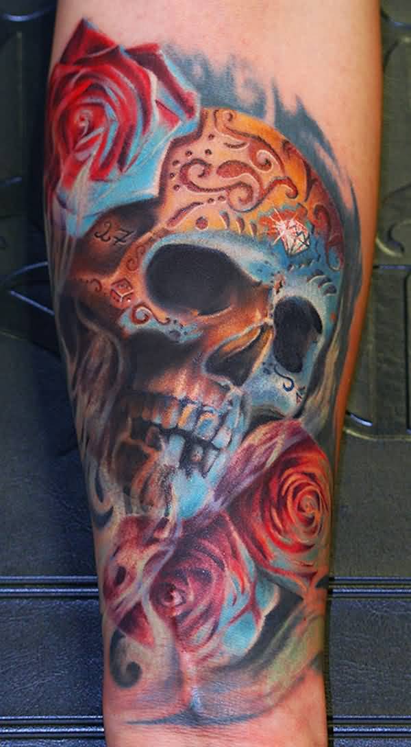 Colorful shaded skull and rose tattoo on leg