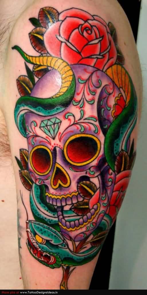 Colorful sugar skull and rose with snake tattoo on upper full arm