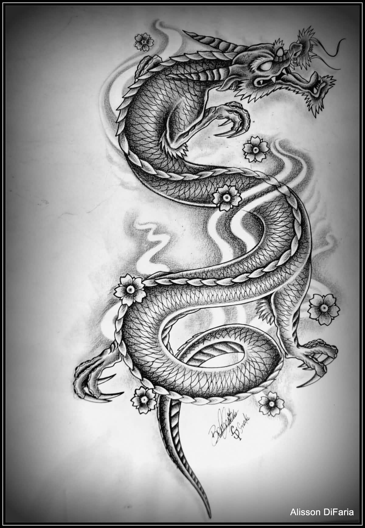 Cool grey ink dragon – snake tattoo sketch