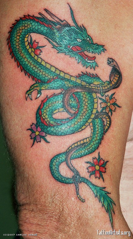 Green Dragon and snake tattoo on body