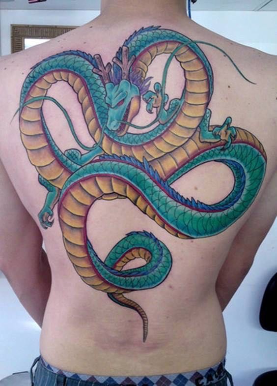 Green Dragon and snake tattoo on full back