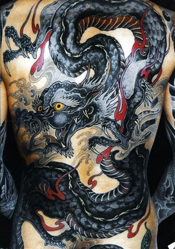 Grey and red Dragon snake tattoo on full back of man