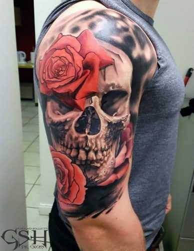 Grey and red shaded skull and roses tattoo on full upper sleeve for men