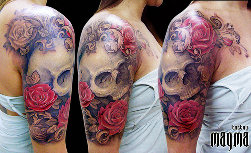 Grey and red skull and roses tattoo on upper sleeve for women
