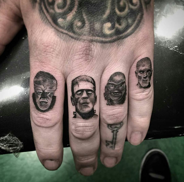 Grey shaded faces and key knuckle tattoo for men