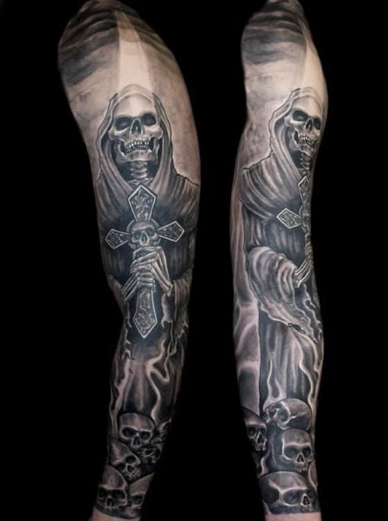 Grey shaded grim reaper tattoo on sleeve for men