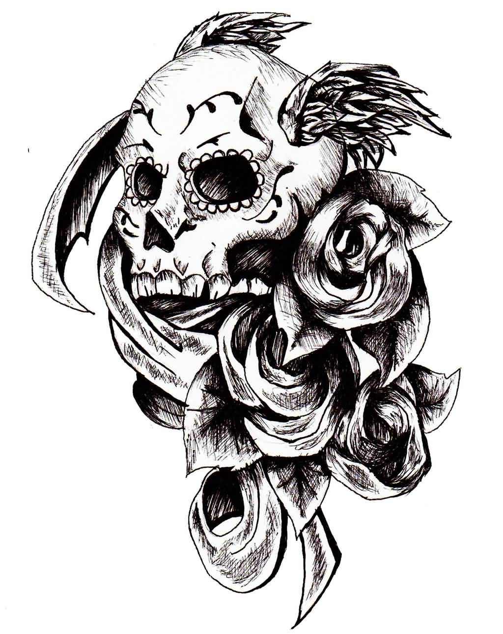 Grey shaded skull and roses tattoo design