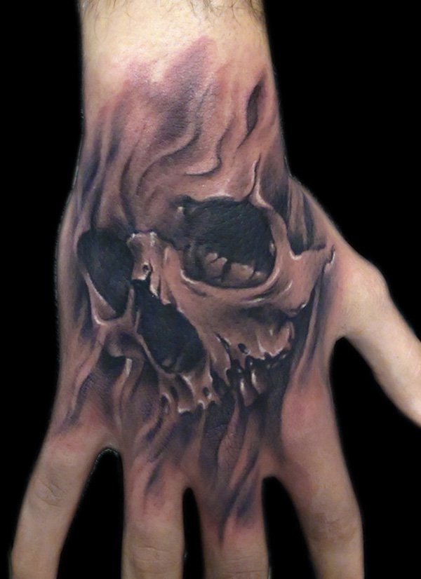 Grey shaded skull tattoo on right hand for men