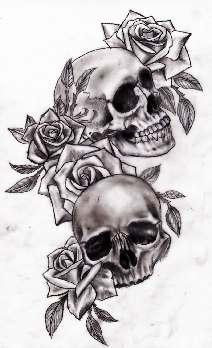 Grey shaded skulls and roses tattoo design by Slabzzz