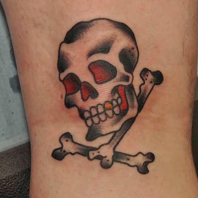 Grey shaded traditional skull tattoo on body