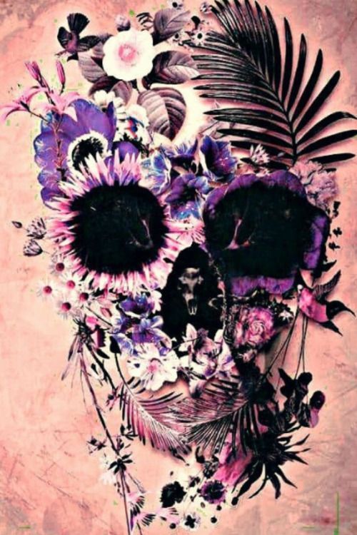 Purple and black flower skull tattoo on body