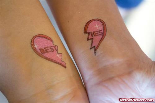 Red matching besties broken heart tattoo on inner forearm for women