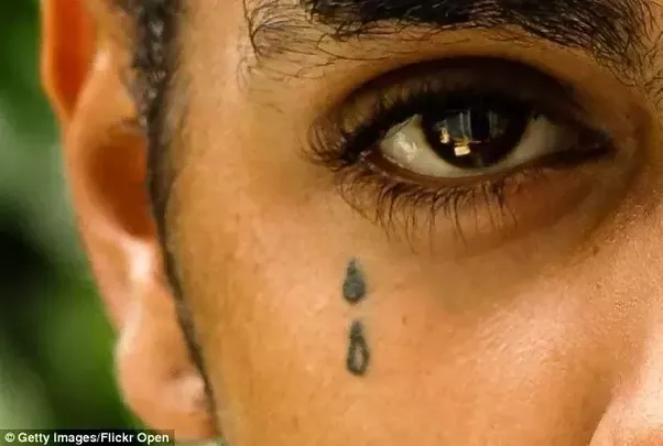 Black filled and unfilled teardrop tattoo below right eye