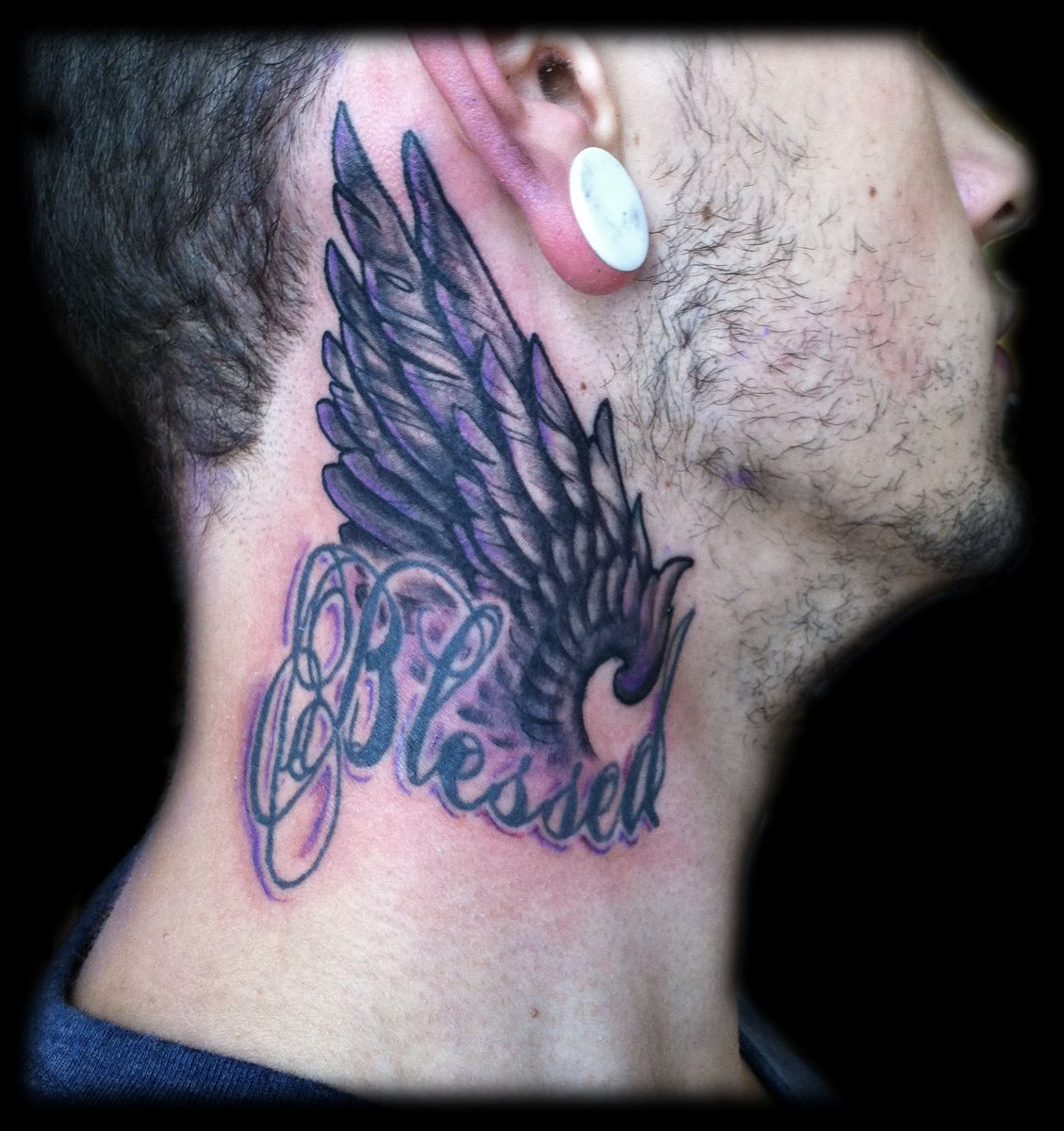 Black and grey shaded angel wings blessed tattoo on right neck for men
