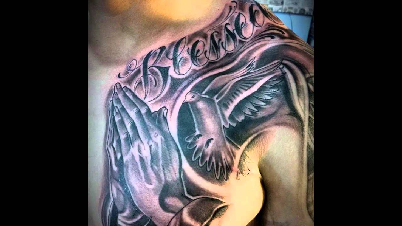 Black and grey shaded dove and joined hands blessed tattoo on left chest for men