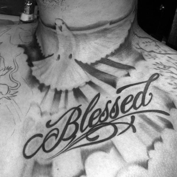 Black and grey shaded dove and sun rays blessed tattoo on neck and chest for men