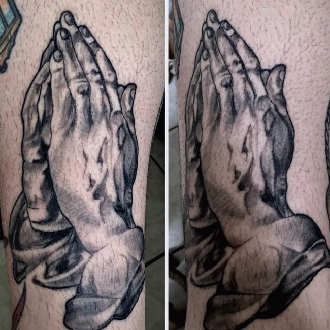 Black and grey shaded preying hands blessed tattoo on body for men