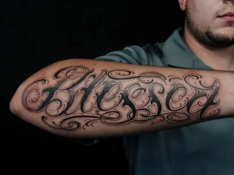 Black blessed tattoo on full forearm for men